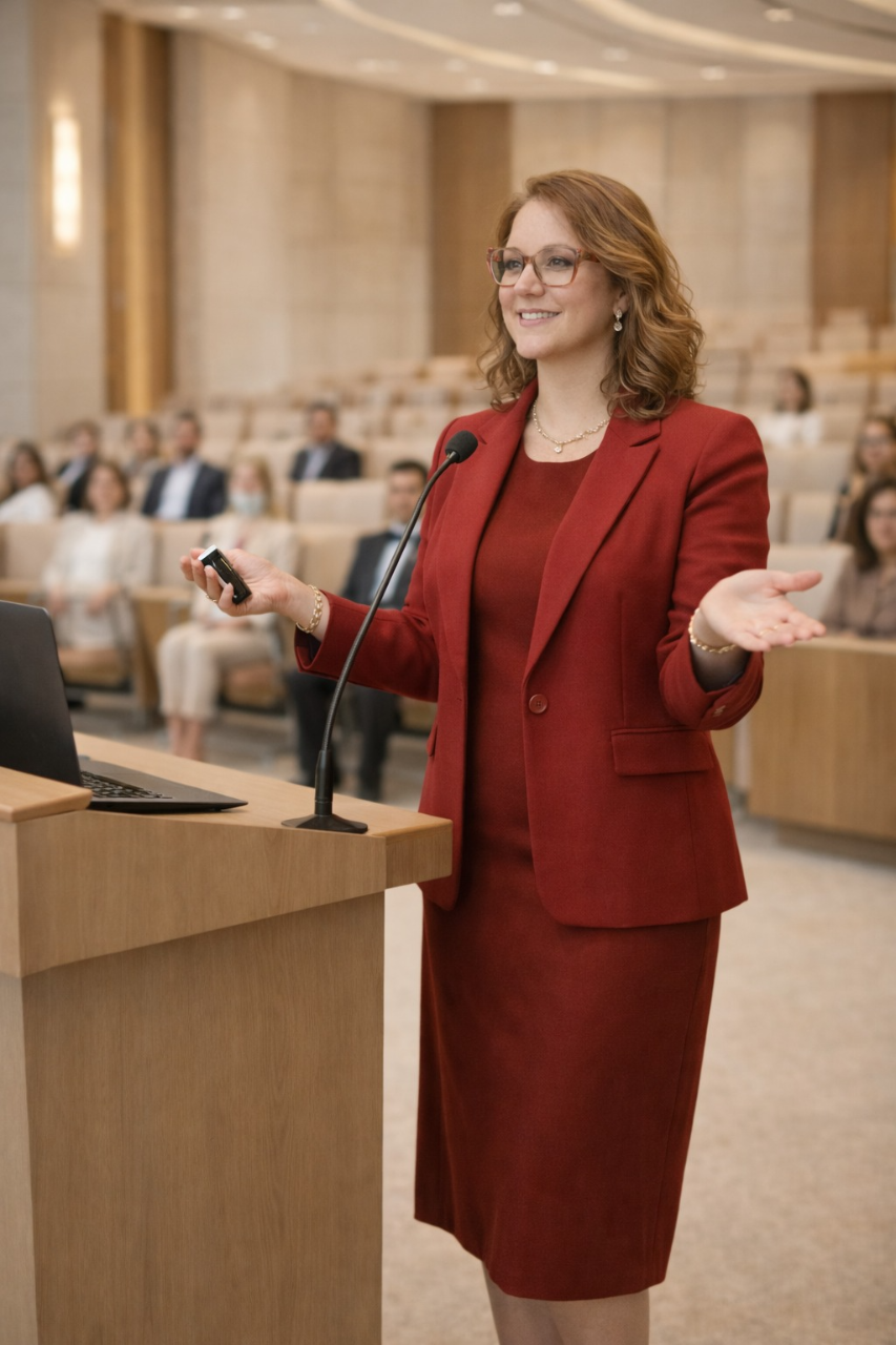 Dra. Cármen Alvarez em reunião corporativa, sentada à mesa com notebook e documentos